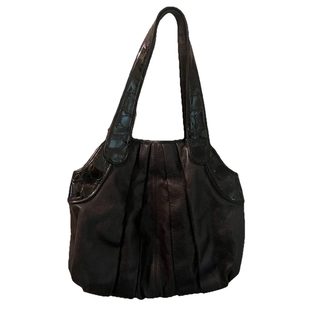 Brighton Purse Black‎ Pebbled Pleated Shoulder Bag Silver Large